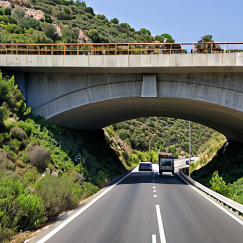 Home 11 **Image Prompt:** A lush green wildlife bridge ("ecoducto") spanning a busy highway in Spain. Iberian lynx are cautiously crossing, while cars drive underneath. The bridge is densely vegetated with native plants, seamlessly blending into the surrounding landscape. Focus on conveying a sense of safety and connectivity for the wildlife.