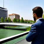 A professional urban planner, fully clothed in a modest business suit, observing the revitalized Manzanares River in Madrid. The scene features lush green riverbanks, clear water, and a modern pedestrian bridge in the background. People are seen enjoying the natural space in appropriate attire. Natural daylight, high-quality professional photography, realistic rendering, perfect anatomy, correct proportions, natural pose, well-formed hands, proper finger count, natural body proportions, safe for work, appropriate content, fully clothed, professional.