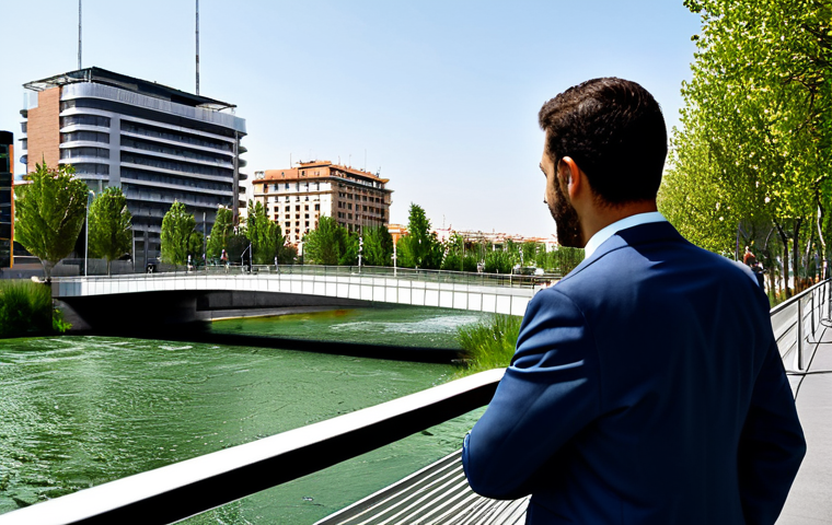 A professional urban planner, fully clothed in a modest business suit, observing the revitalized Manzanares River in Madrid. The scene features lush green riverbanks, clear water, and a modern pedestrian bridge in the background. People are seen enjoying the natural space in appropriate attire. Natural daylight, high-quality professional photography, realistic rendering, perfect anatomy, correct proportions, natural pose, well-formed hands, proper finger count, natural body proportions, safe for work, appropriate content, fully clothed, professional.