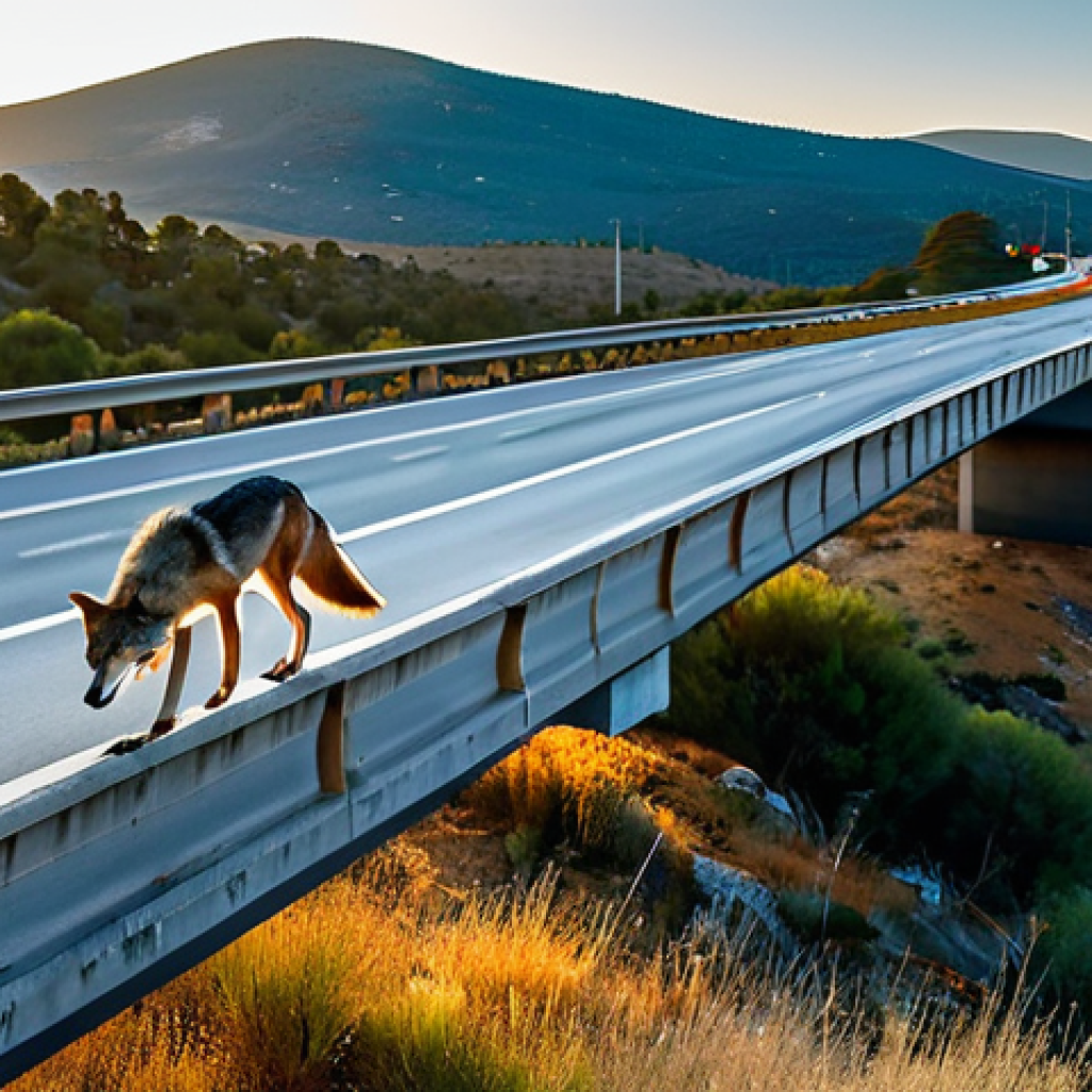 Wildlife Crossing**

"A majestic Iberian wolf, fully clothed in its natural fur, carefully traversing a wildlife overpass covered in native vegetation above a busy highway in the Sierra de Guadarrama. The scene is set during golden hour, with a warm, natural light illuminating the wolf. The landscape includes a blend of forested hills and open meadows. safe for work, appropriate content, professional wildlife photography, perfect anatomy, correct proportions, well-formed paws, family-friendly."

**