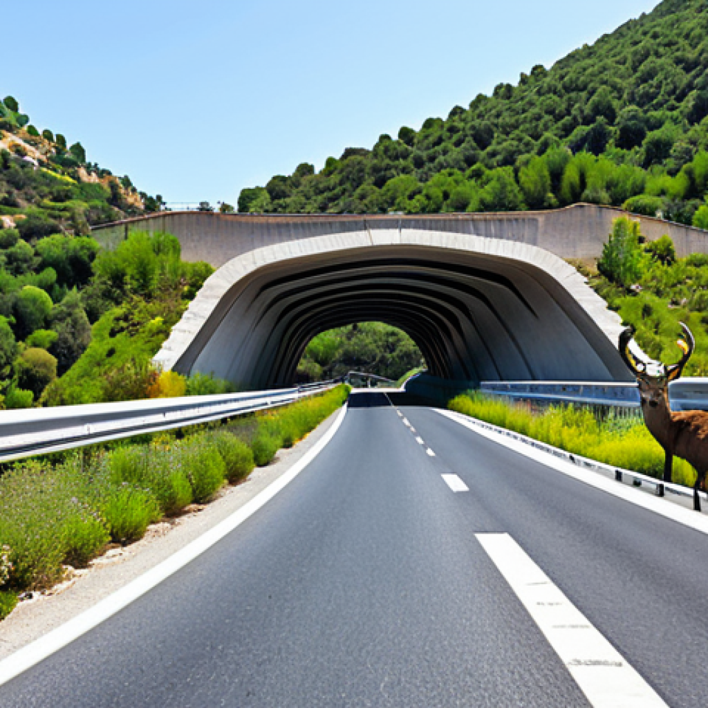 **

"A wildlife crossing bridge covered in lush vegetation, spanning a highway in a mountainous region of Spain. Focus on the diverse native plants, including trees, shrubs, and wildflowers, seamlessly blending the structure into the natural landscape. A herd of Iberian deer is cautiously crossing the bridge. Safe for work, appropriate content, fully clothed (animals), professional, family-friendly, perfect anatomy, correct proportions, natural pose, high quality, professional photography."

**
