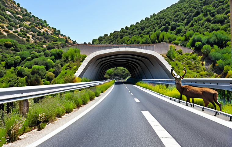 **
"A wildlife crossing bridge covered in lush vegetation, spanning a highway in a mountainous region of Spain. Focus on the diverse native plants, including trees, shrubs, and wildflowers, seamlessly blending the structure into the natural landscape. A herd of Iberian deer is cautiously crossing the bridge. Safe for work, appropriate content, fully clothed (animals), professional, family-friendly, perfect anatomy, correct proportions, natural pose, high quality, professional photography."
**