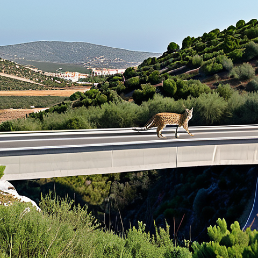 **

"A well-designed wildlife crossing bridge seamlessly integrated into a Spanish landscape. The bridge is covered in lush, native vegetation. Focus on Iberian Lynx using the bridge, fully clothed. Background shows a highway with reduced traffic.  Safe for work, appropriate content, perfect anatomy, natural pose, professional, family-friendly, high quality."

**
