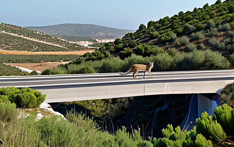 **

"A well-designed wildlife crossing bridge seamlessly integrated into a Spanish landscape. The bridge is covered in lush, native vegetation. Focus on Iberian Lynx using the bridge, fully clothed. Background shows a highway with reduced traffic.  Safe for work, appropriate content, perfect anatomy, natural pose, professional, family-friendly, high quality."

**