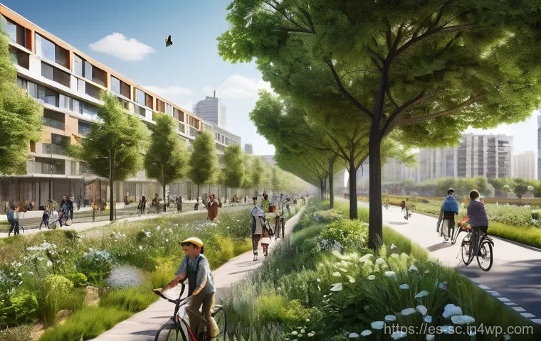 생태통로와 주민의 생활 질 향상 방안 - **Prompt 1: Urban Oasis for Clean Air and Cooling**
    "A vibrant, lush green ecological corridor w...