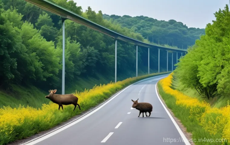 생태통로의 성공적인 디자인 요소 - **Prompt 1: "A panoramic, vibrant illustration of a beautifully integrated ecoduct spanning a multi-...