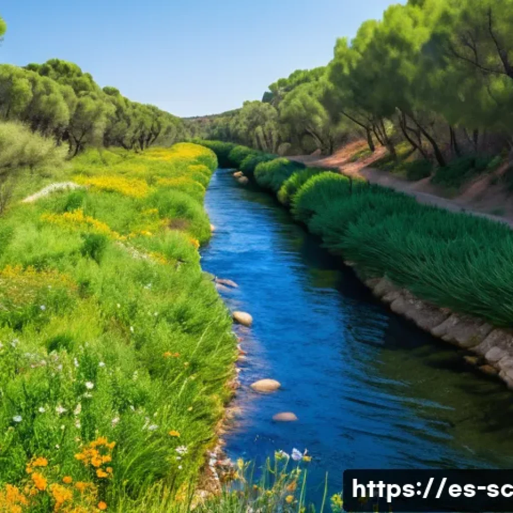생태통로를 통한 지역 생태계 복원 - A vibrant ecological corridor in a Mediterranean landscape, featuring a lush native vegetation strip...