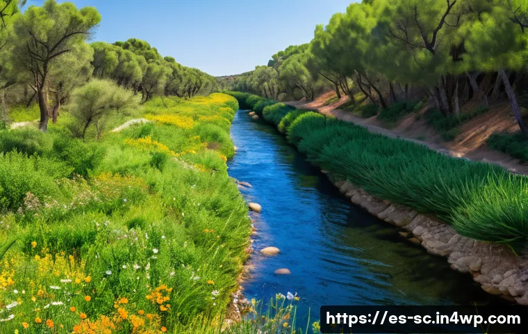 생태통로를 통한 지역 생태계 복원 - A vibrant ecological corridor in a Mediterranean landscape, featuring a lush native vegetation strip...
