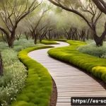 생태통로의 시각적 디자인 요소 - A serene ecological corridor in a Spanish Mediterranean landscape during spring, featuring gently cu...
