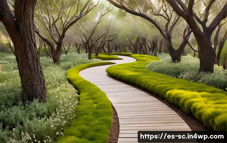 생태통로의 시각적 디자인 요소 - A serene ecological corridor in a Spanish Mediterranean landscape during spring, featuring gently cu...