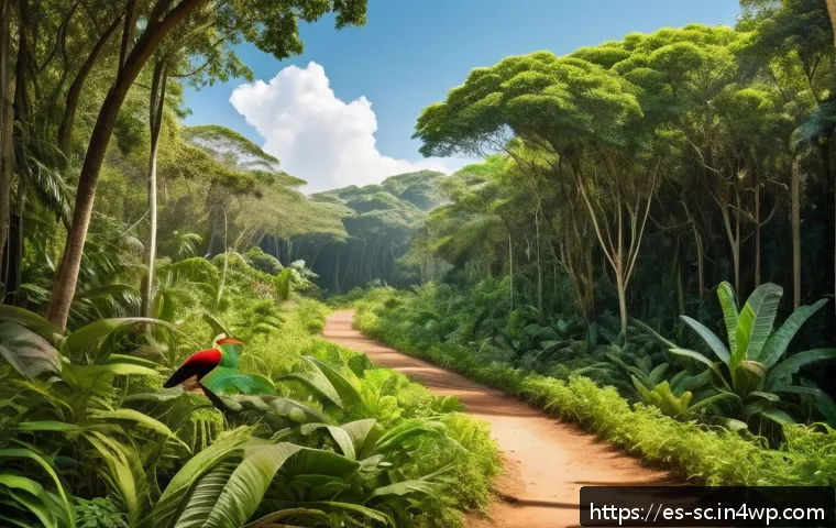 생태통로 설치 후 생태계 변화 모니터링 - A vibrant ecological corridor in a Latin American tropical forest, showing a diverse array of wildli...