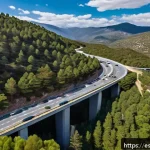 생태통로와 도로 안전성의 관계 - A detailed aerial view of a green wildlife overpass in the Sierra de Guadarrama, Spain, featuring de...