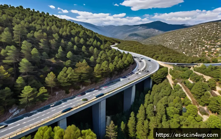생태통로와 도로 안전성의 관계 - A detailed aerial view of a green wildlife overpass in the Sierra de Guadarrama, Spain, featuring de...