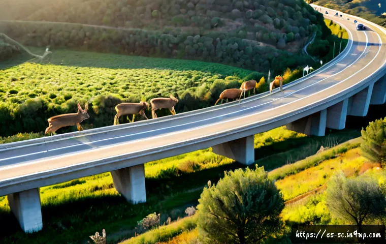 생태통로와 지속 가능한 개발 목표 - Photorealistic wide aerial view of a lush wildlife overpass crossing a modern highway in rural north...