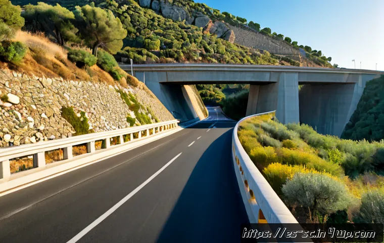 Home 17 생태통로의 환경적 안정성 평가 - Photorealistic wide-angle view of a vegetated wildlife overpass crossing a Spanish Mediterranean mot...